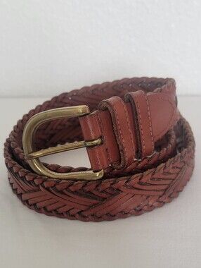 Fossil Braided 100% Leather Belt in Cognac Brown with Brass Buckle